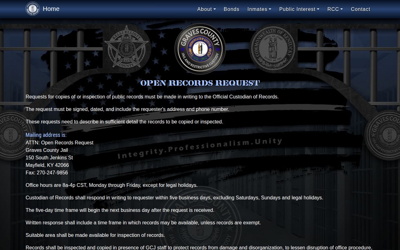 Graves County booking record and mugshot request page